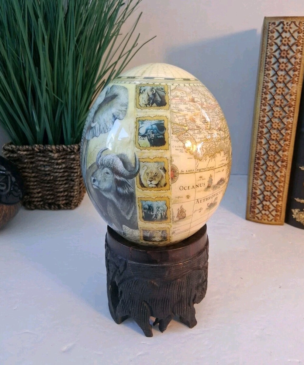 VTG African Ostrich Egg Decoupage Big Five Safari Map with Wood Stand EUC